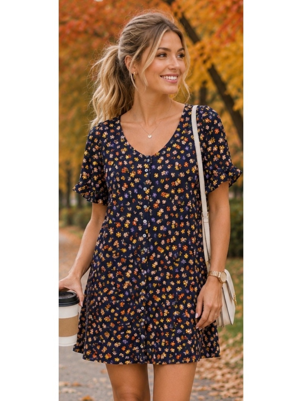 Madewell Floral Button-Front Mini Dress Size 14 Navy Puff Sleeve Cottagecore